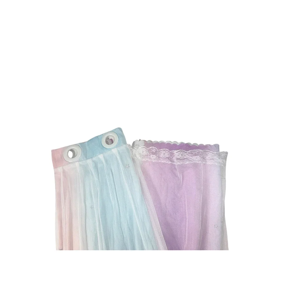 Single Colorful Stripe Curtain With Sheer Lace Overlay 1 Panel Star Cut Outs 64